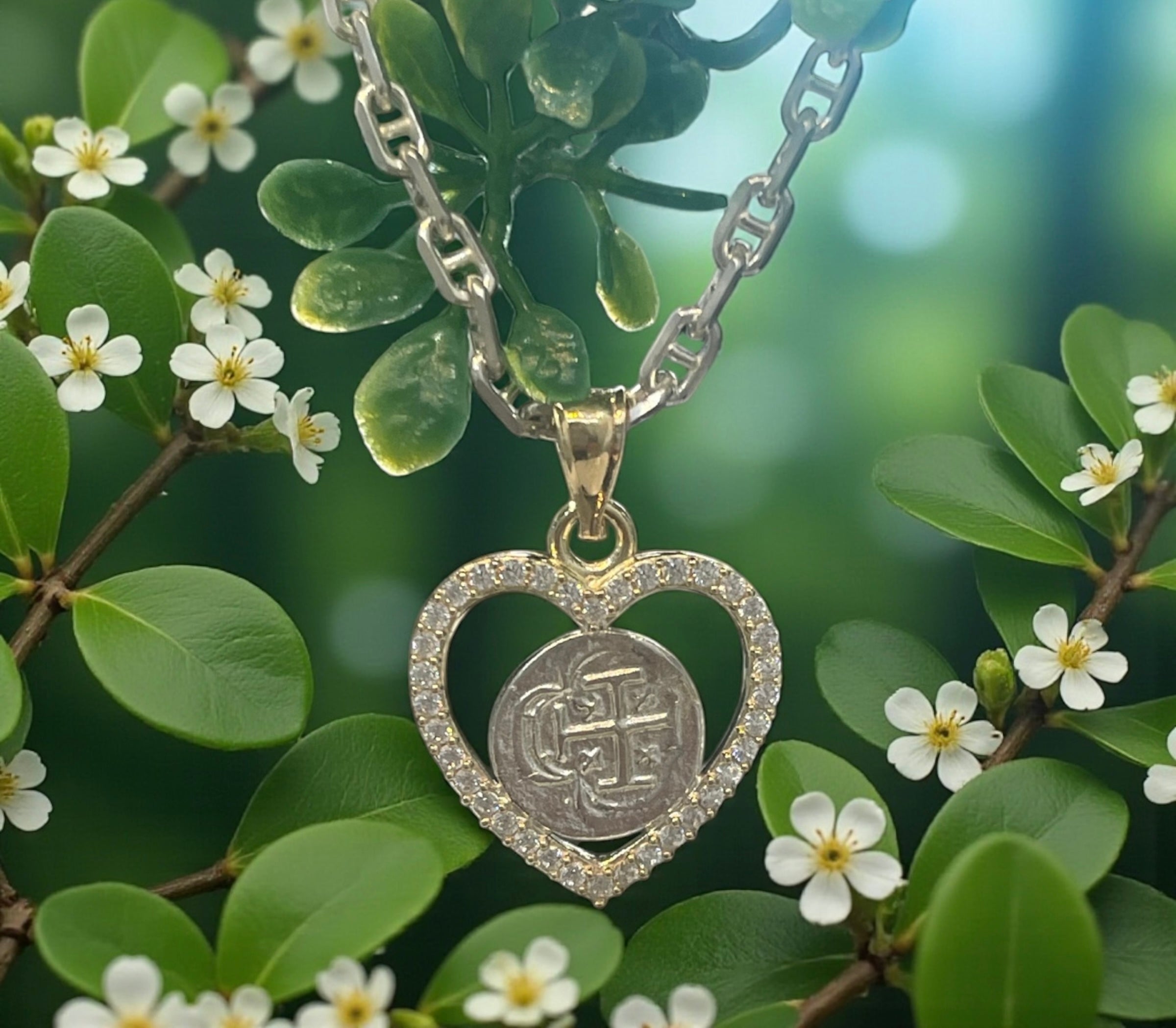 NUESTRA SENORA DE ATOCHA MINI SILVER COIN PENDANT IN 10K REAL GOLD CRYSTAL HEART