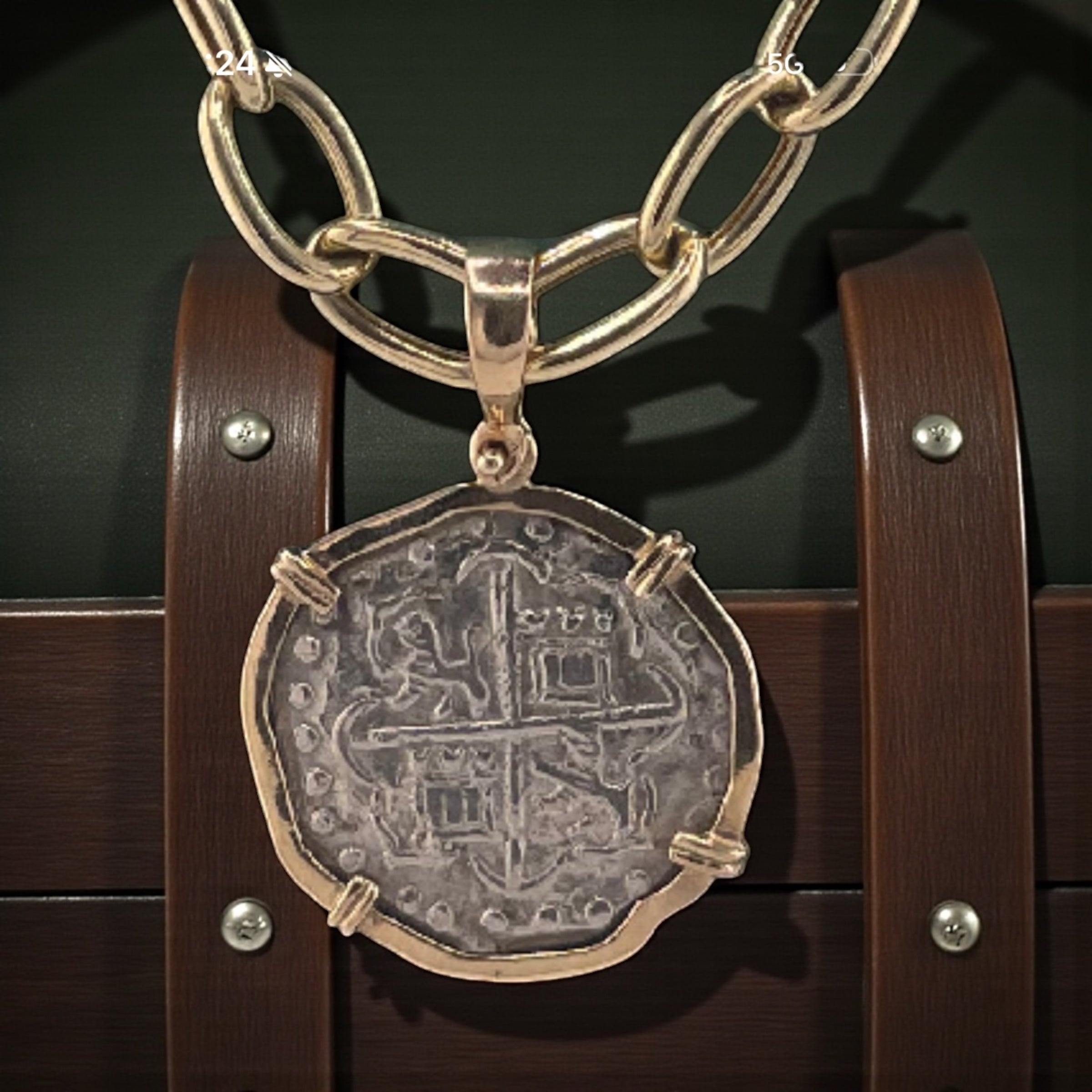 NUESTRA SENORA DE ATOCHA SILVER COIN PENDANT IN 14KT SOLID GOLD BEZEL WITH 14K REAL GOLD CHAIN 18” LONG