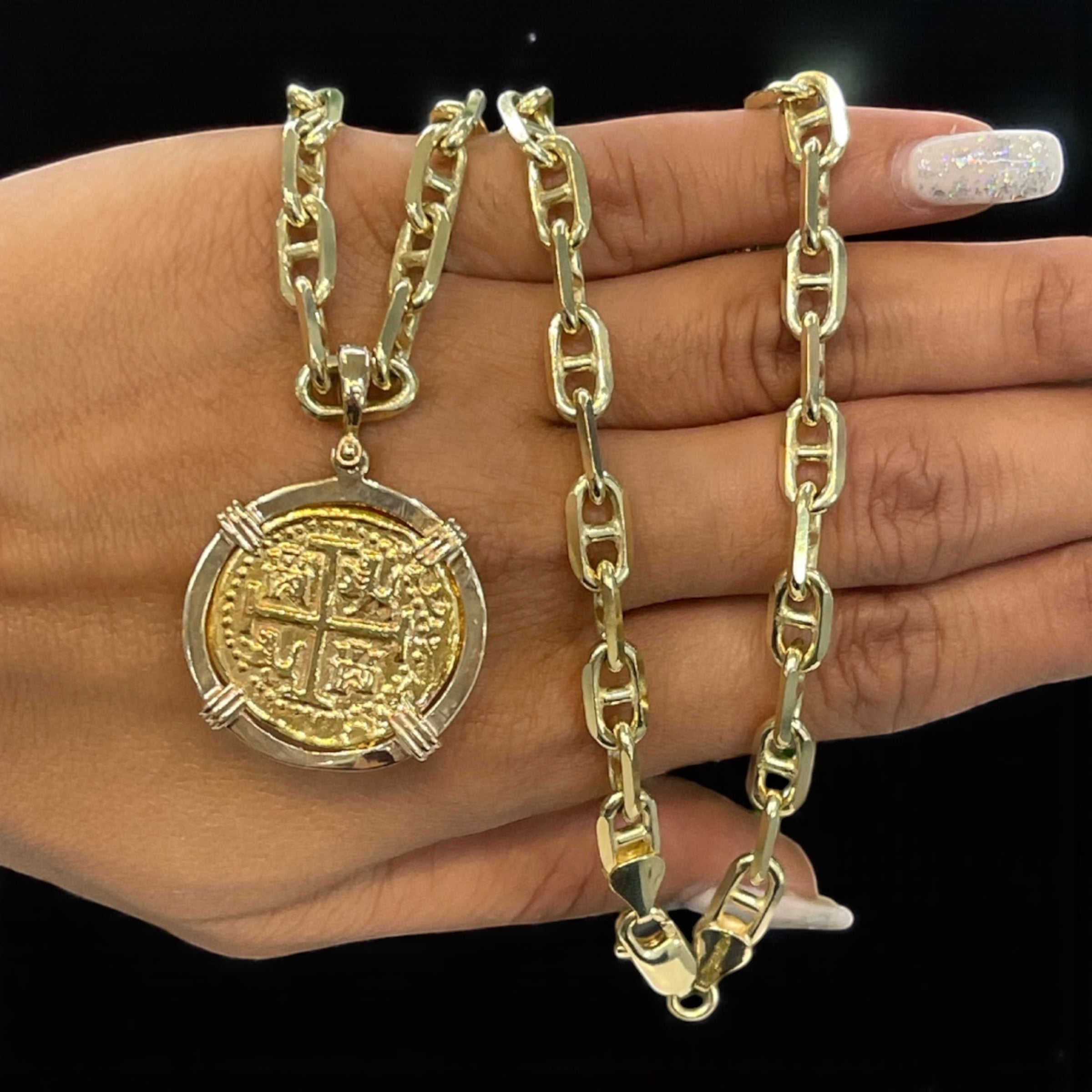 14K REAL SOLID GOLD HEAVY BEAUTIFUL ANCHOR CHAIN 6MM WITH 14K SOLID REAL GOLD HANDMADE ATOCHA COIN PENDANT