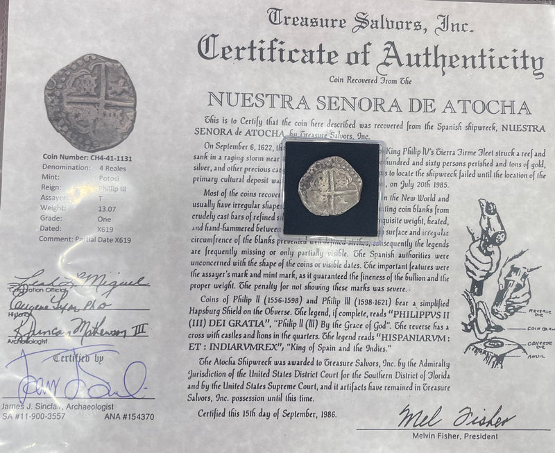 ACTUAL COIN NUESTRA SENORA DE ATOCHA SILVER COIN 4 REALES GRADE 1 PARTIAL DATED X619 COIN