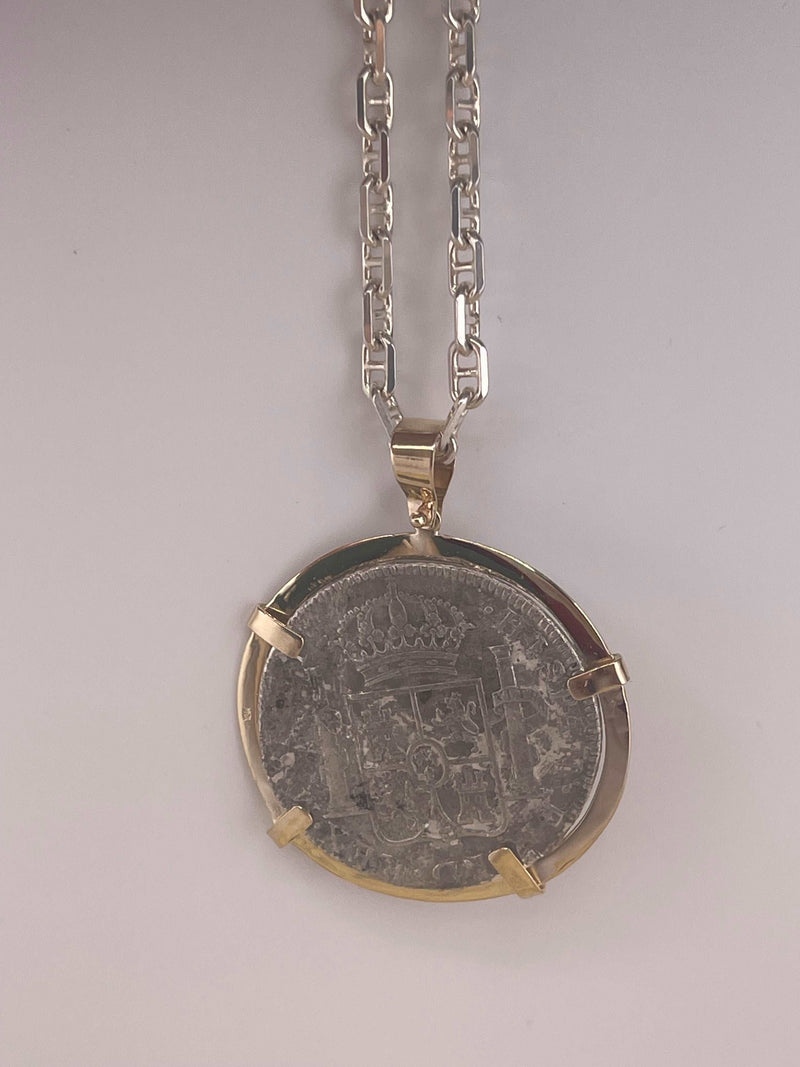 ACTUAL EL CAZADOR COIN PENDANT IN 10K SOLID REAL GOLD BEZEL GRADE 2