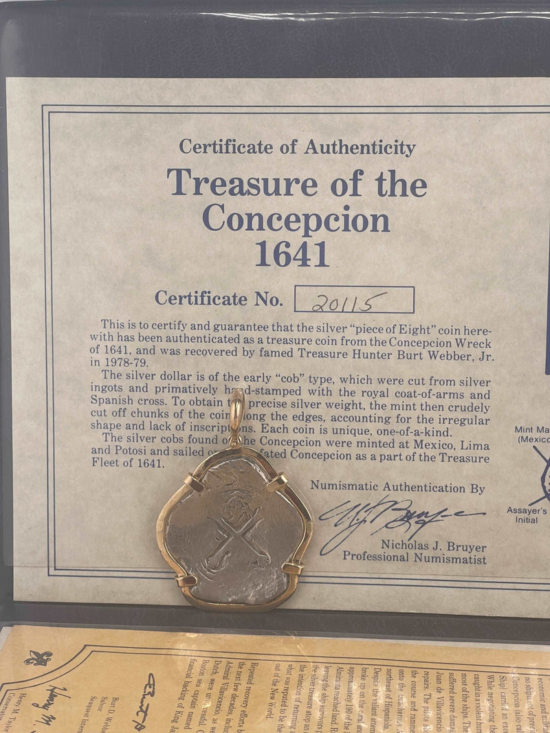 TREASURE OF THE CONCEPCION 1641 COIN “PIECE OF EIGHT”BEZELED IN 14K SOLID GOLD WITH CERTIFICATE OF AUTHENTICITY