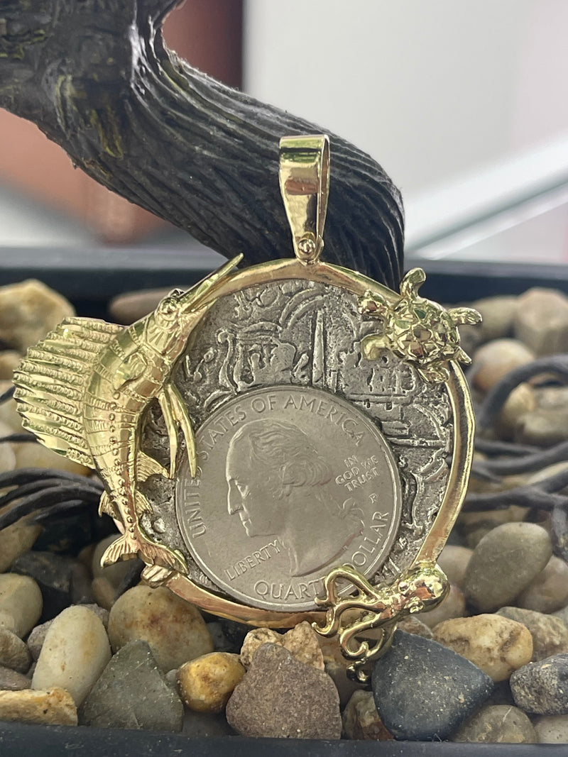 NUESTRA SENORA DE ATOCHA SILVER COIN PENDANT IN 14K REAL SOLID GOLD FISH 🐟 OCTOPUS 🐙 AND TURTLE 🐢 BEZEL