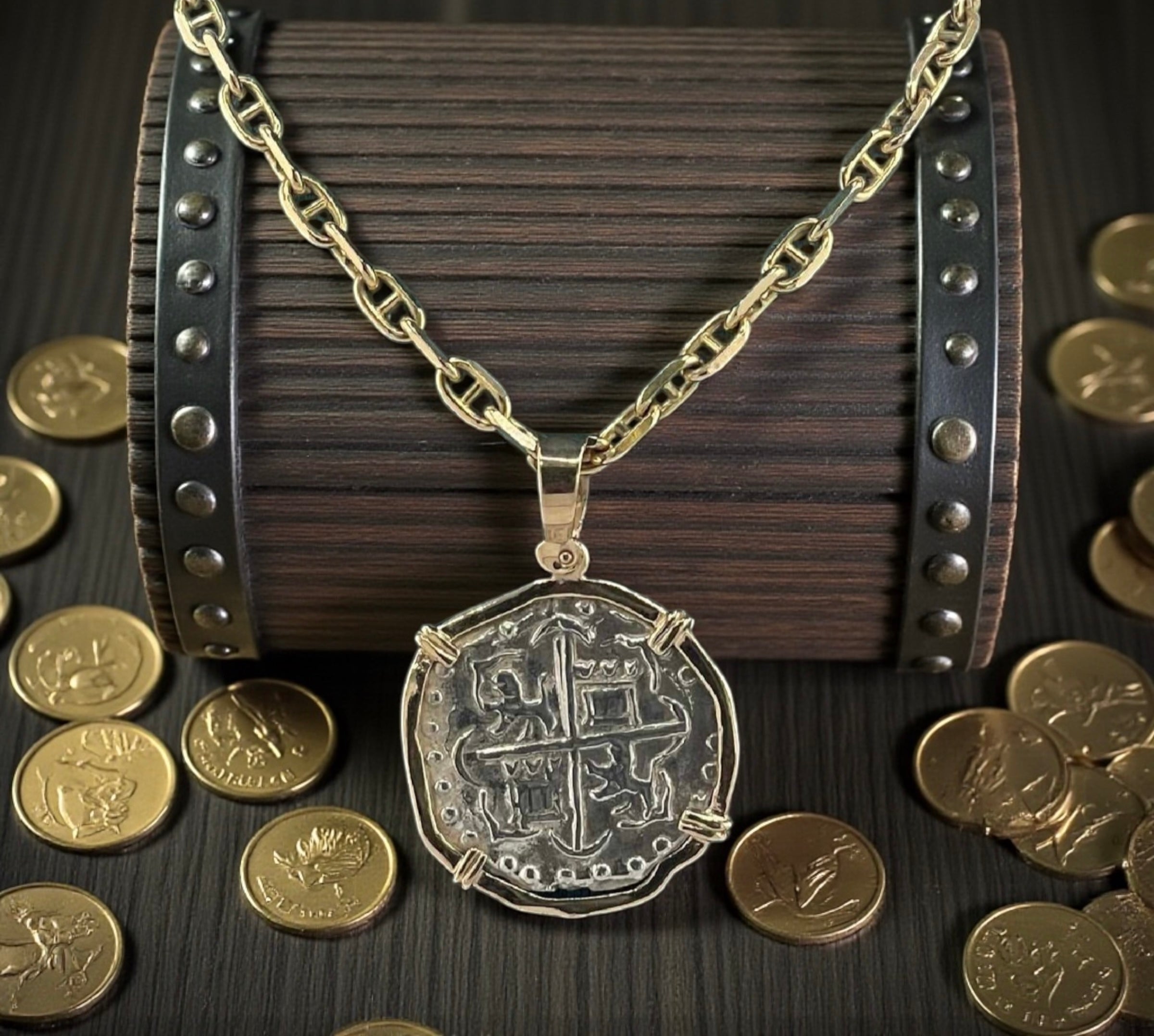 NUESTRA SENORA DE ATOCHA SOLID SILVER COIN PENDANT IN 14KT SOLID GOLD BEZEL