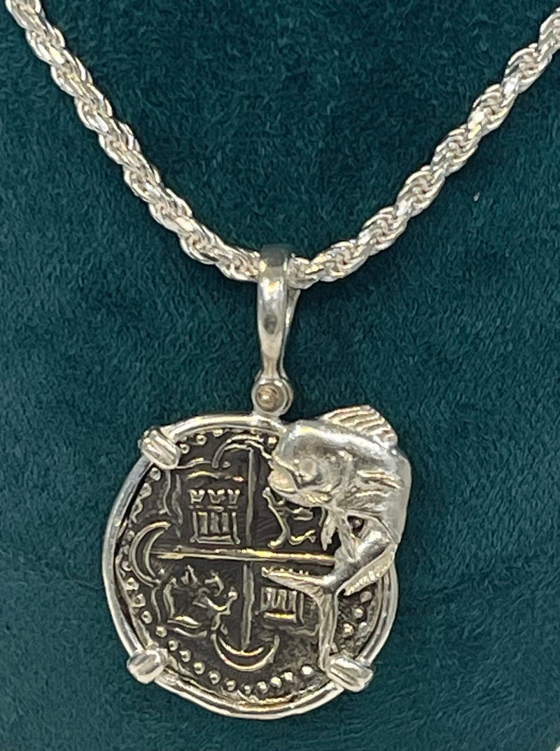 Solid Atocha shipwreck treasure Mel fisher silver coin pendant in fish bezel