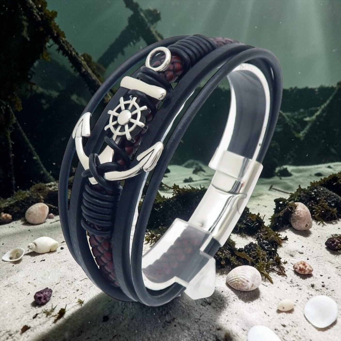 Stainless Steel Magnetic Clasp Leather Bracelet Woven Bangle Nautical Compass Anchor Braided Multi-layer Men's Bracelet