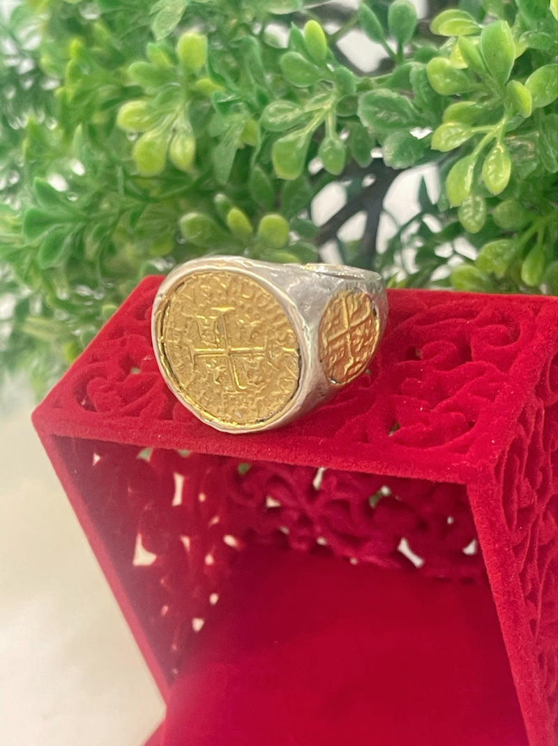 NUESTRA SENORA DE ATOCHA SILVER SOLID HEAVY COIN RING IN 14k GOLD PLATED COINS