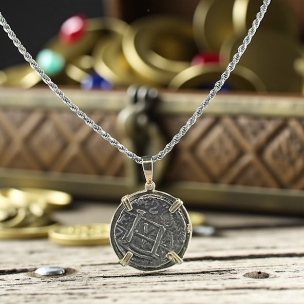 NUESTRA SENORA DE ATOCHA  SILVER COIN PENDANT IN 14KT GOLD BEZEL