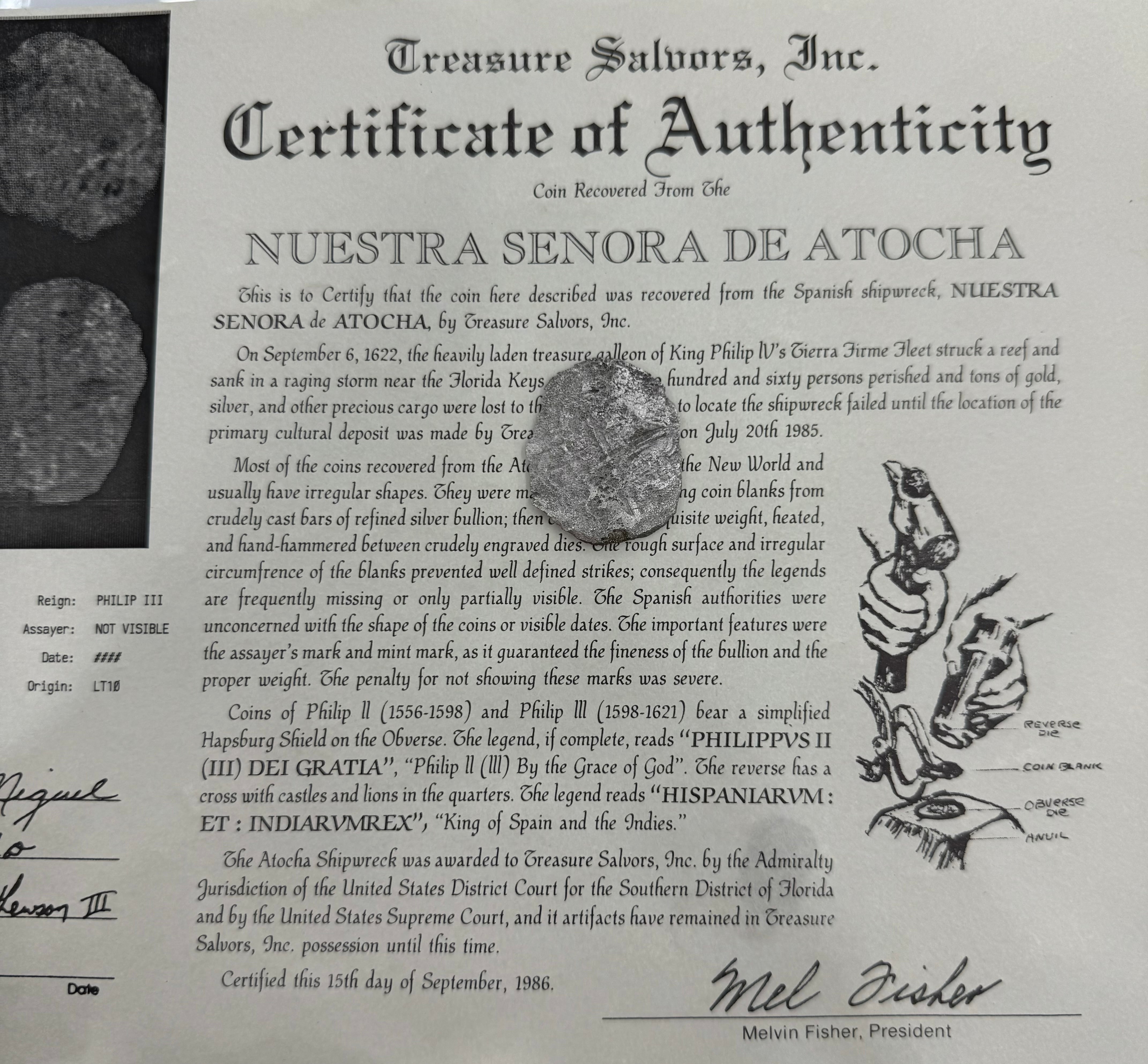 ACTUAL COIN NUESTRA SENORA DE ATOCHA SILVER COIN 8 REALE GRADE 4 SHIPWRECK COIN