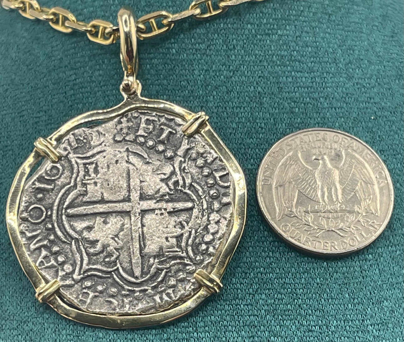 NUESTRA SENORA DE ATOCHA SOLID LARGE SIZE SILVER COIN PENDANT IN 14KT SOLID GOLD BEZEL