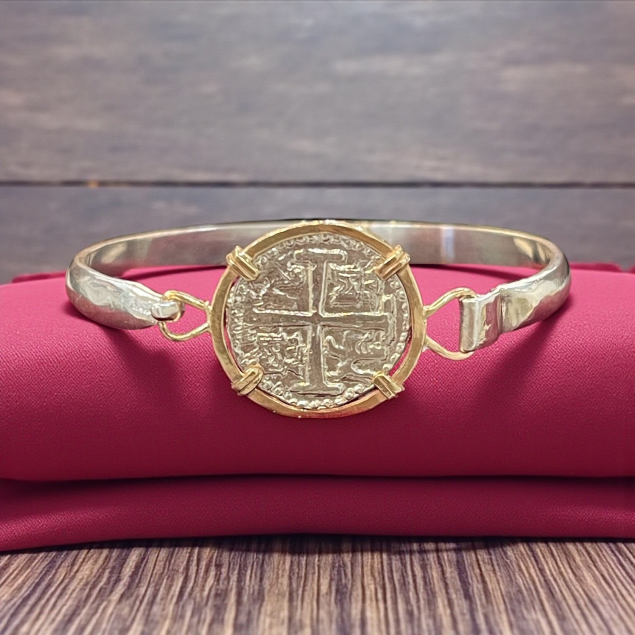 ATOCHA SOLID SILVER COIN BANGLE BEZELED WITH 14k SOLID GOLD BEZEL