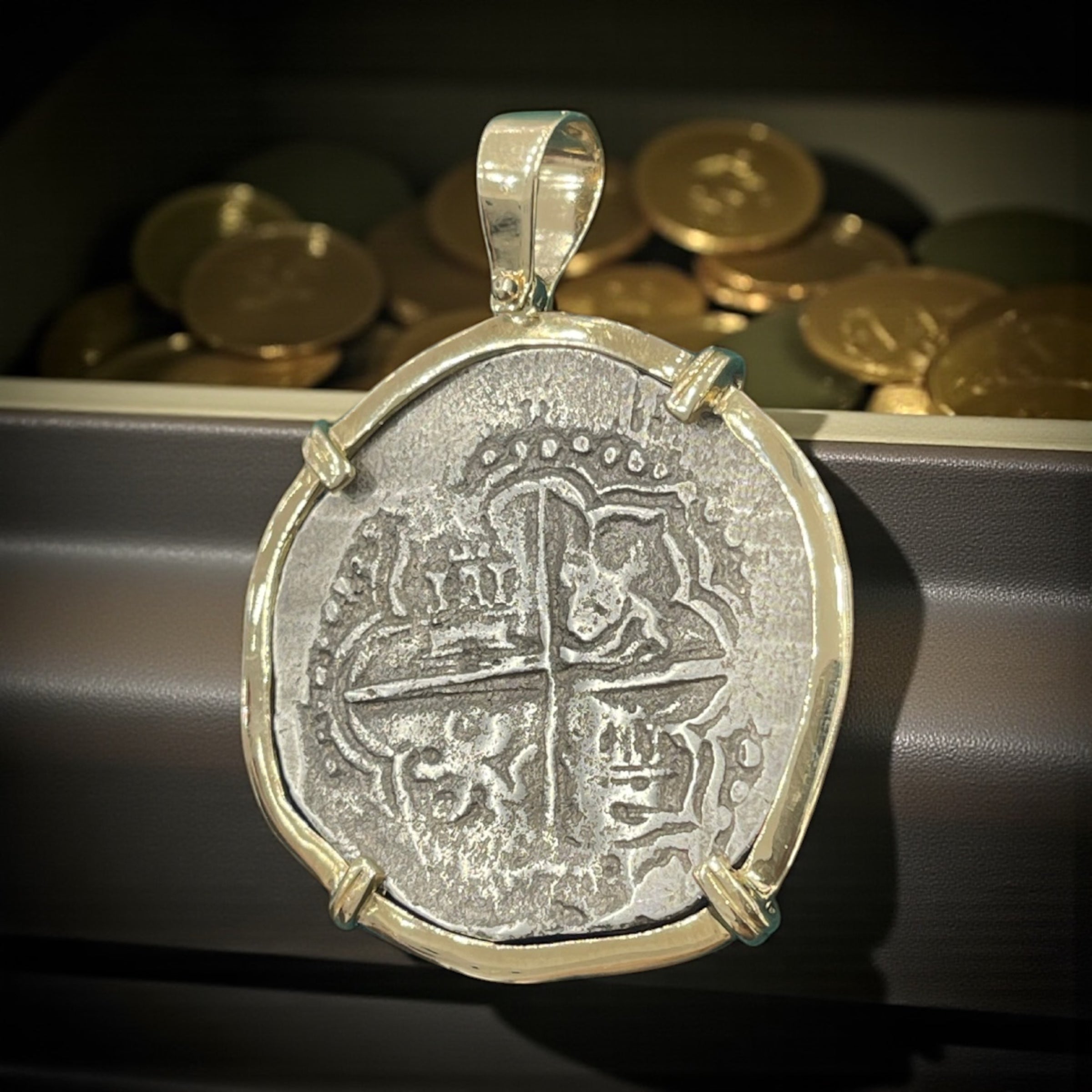 NUESTRA SENORA DE ATOCHA SILVER COIN PENDANT IN 14K REAL SOLID GOLD BEZEL 8 REALE SIZE HANDMADE FROM ATOCHA SILVER