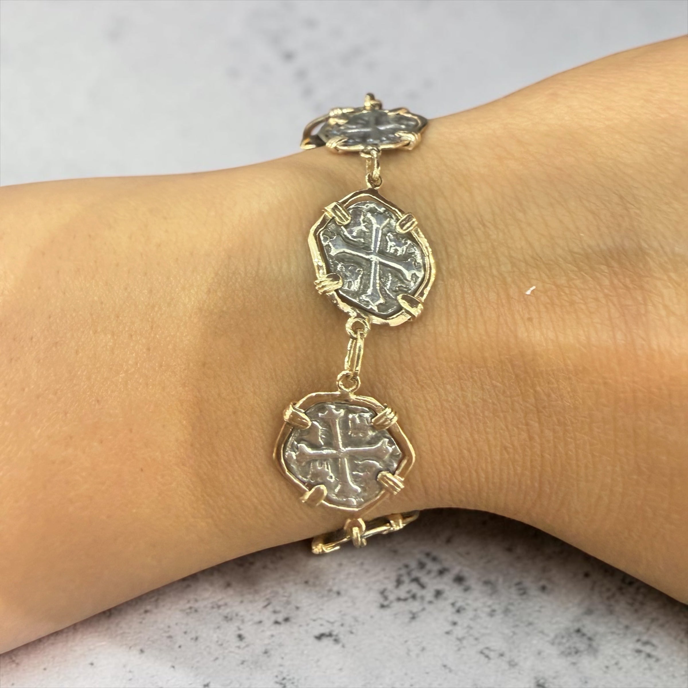 Handmade Recreation of atocha shipwreck coin bracelet in 14k real gold bezel