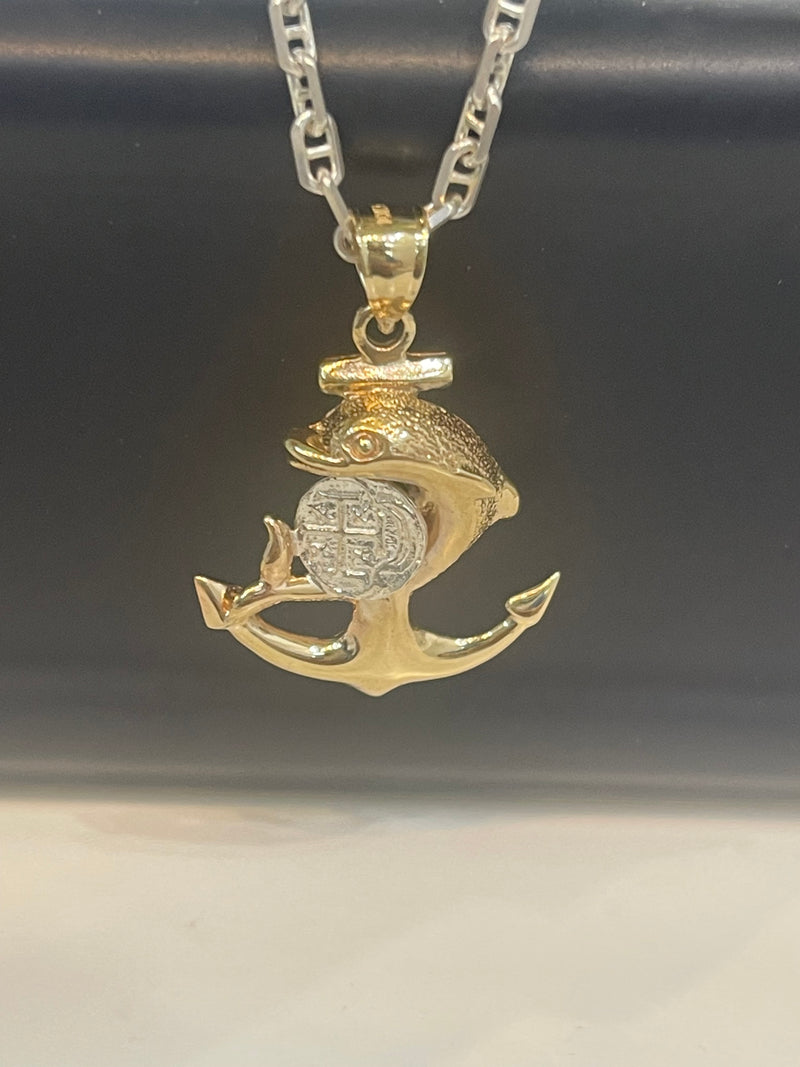 NUESTRA SENORA DE ATOCHA MINI SILVER COIN PENDANT IN 10K REAL GOLD ANCHOR FISH