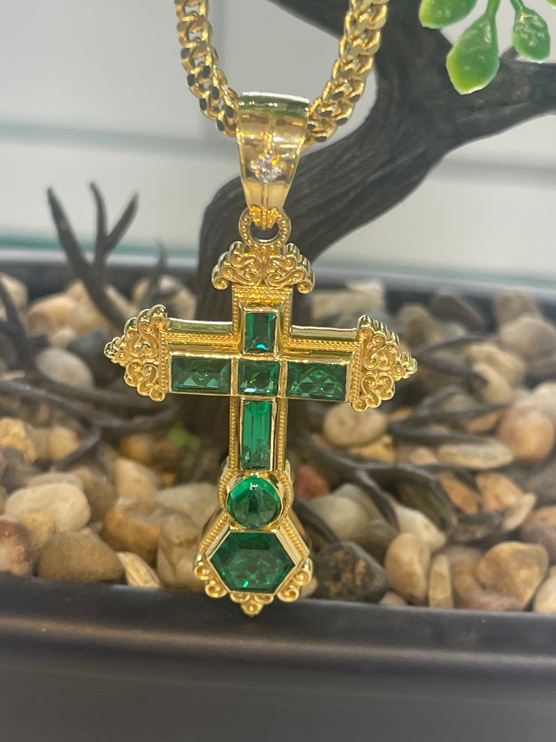 14K REAL SOLID GOLD EMERALD CROSS PENDANT