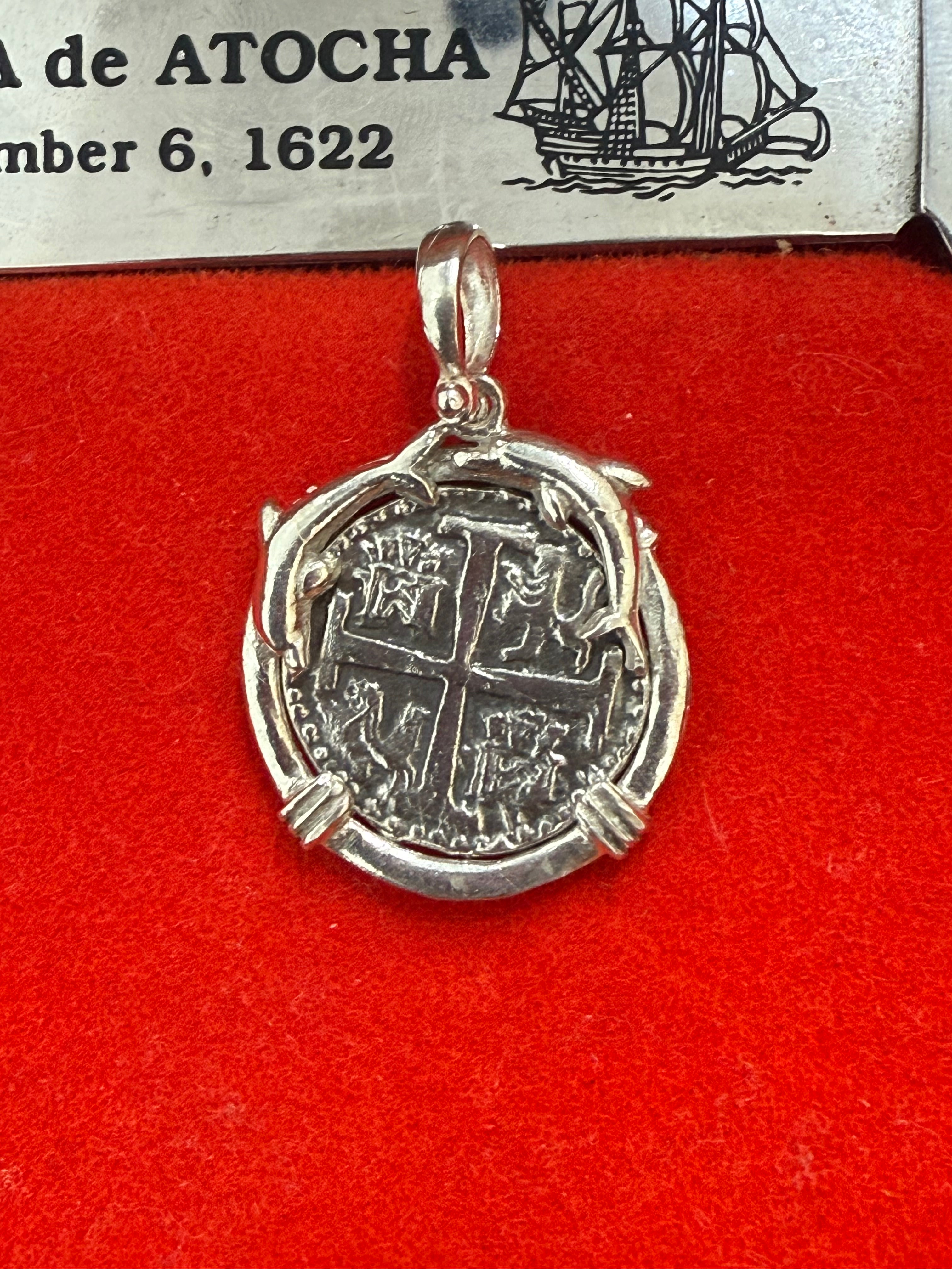Atocha Shipwreck Treasure Mel fisher silver mini coin pendant on dolphin