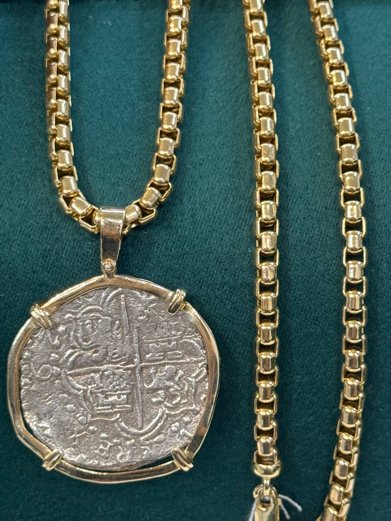 NUESTRA SENORA DE ATOCHA SILVER COIN PENDANT IN 14K REAL SOLID GOLD BEZEL 8 REALE SIZE HANDMADE FROM ATOCHA SILVER