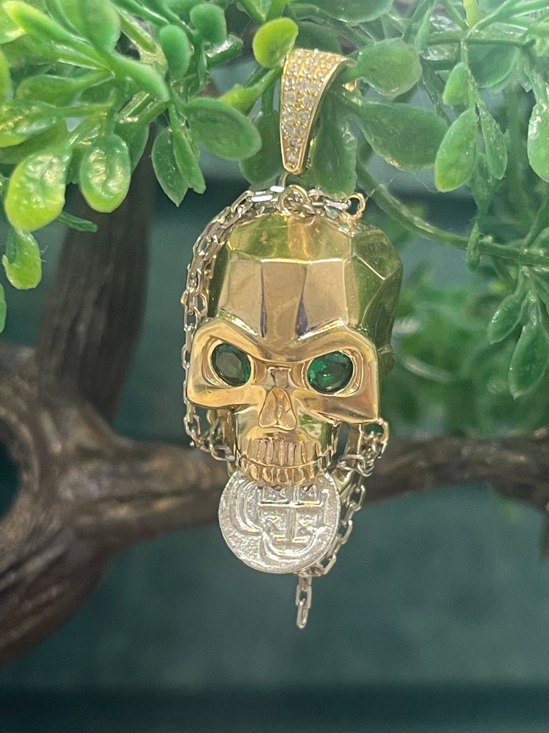 NUESTRA SENORA DE ATOCHA MINI SILVER COIN PENDANT IN 10K REAL GOLD SKULL WITH GREEN CRYSTAL EYES