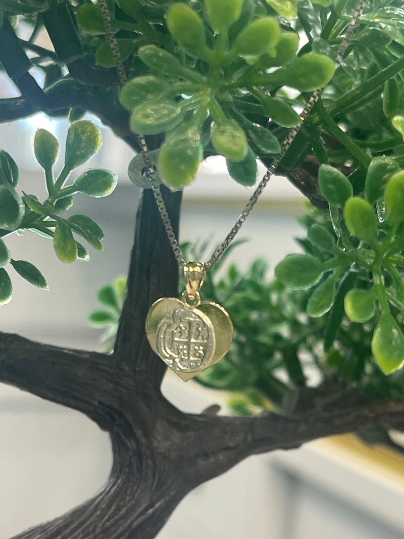 NUESTRA SENORA DE ATOCHA MINI SILVER COIN PENDANT IN 10K REAL GOLD HEART ❤️