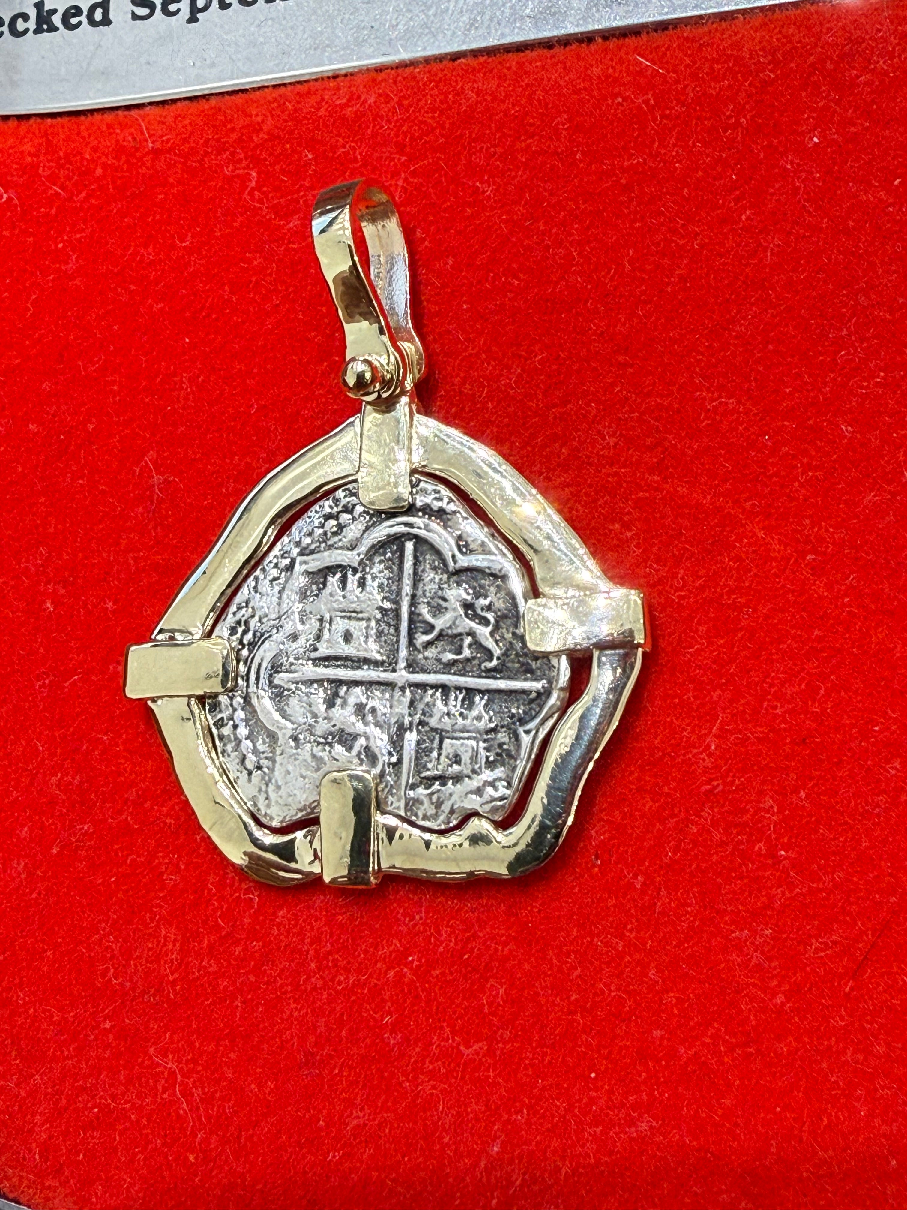 UNIQUE SHAPE ATOCHA SILVER SOLID COIN PENDANT IN 14K SOLID GOLD BEZEL