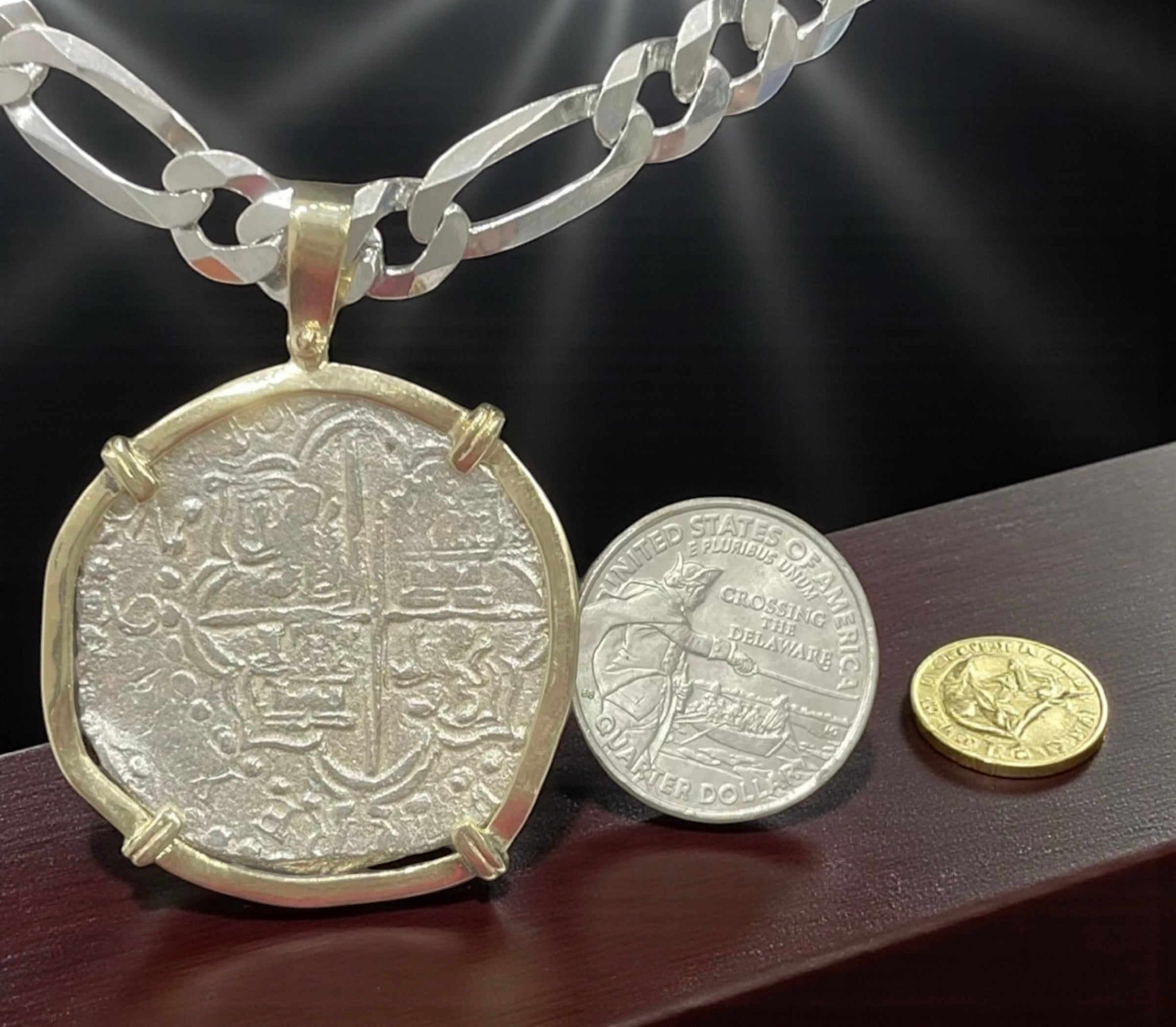 ATOCHA SILVER COIN PENDANT IN 14K REAL SOLID GOLD BEZEL