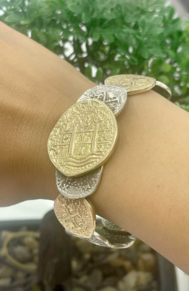 ATOCHA SOLID SILVER AND 14K SOLID REAL GOLD COIN BANGLE