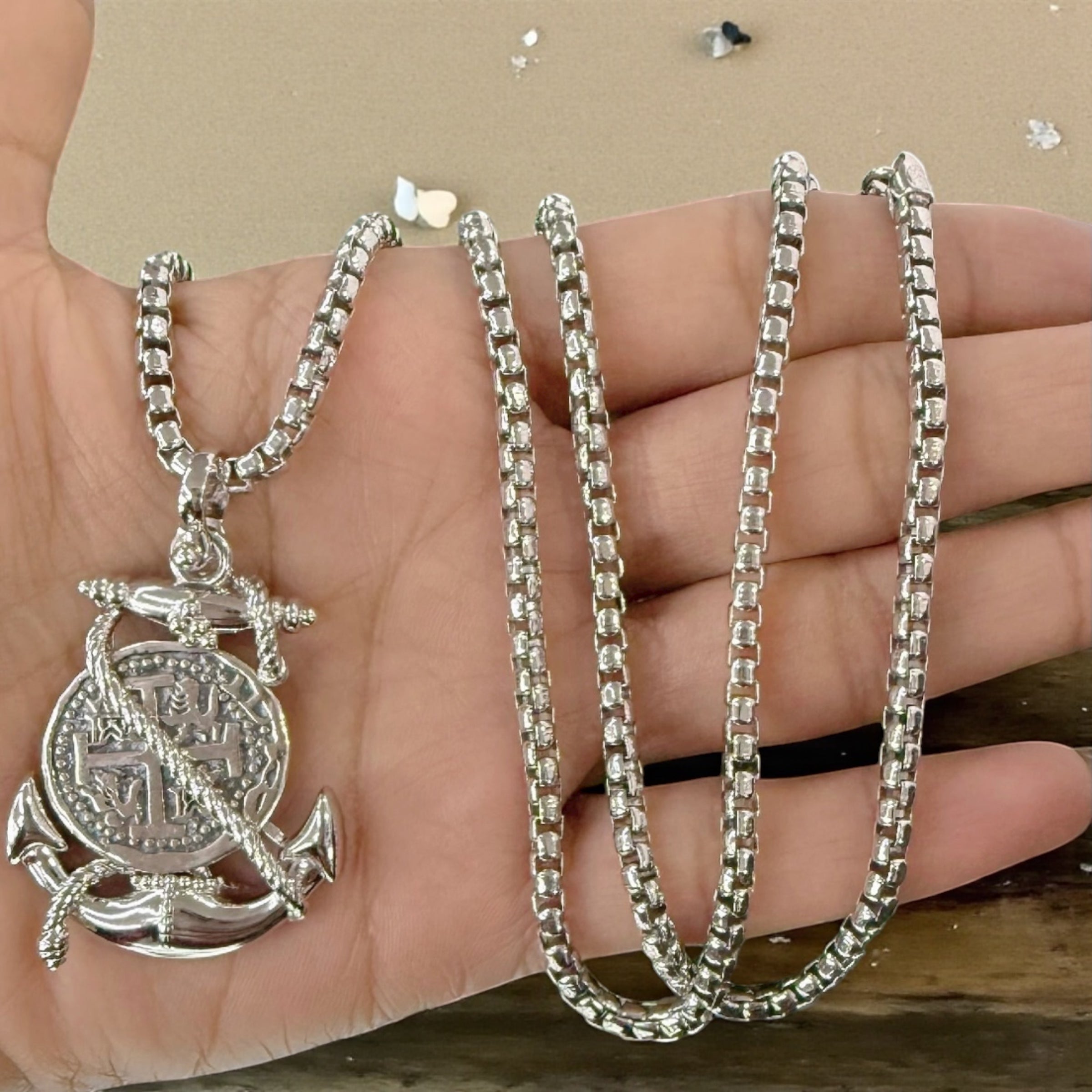 Solid Atocha shipwreck treasure Mel fisher silver coin pendant in anchor setting