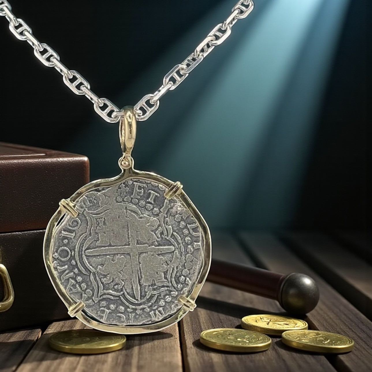 NUESTRA SENORA DE ATOCHA SOLID LARGE SIZE SILVER COIN PENDANT IN 14KT SOLID GOLD BEZEL