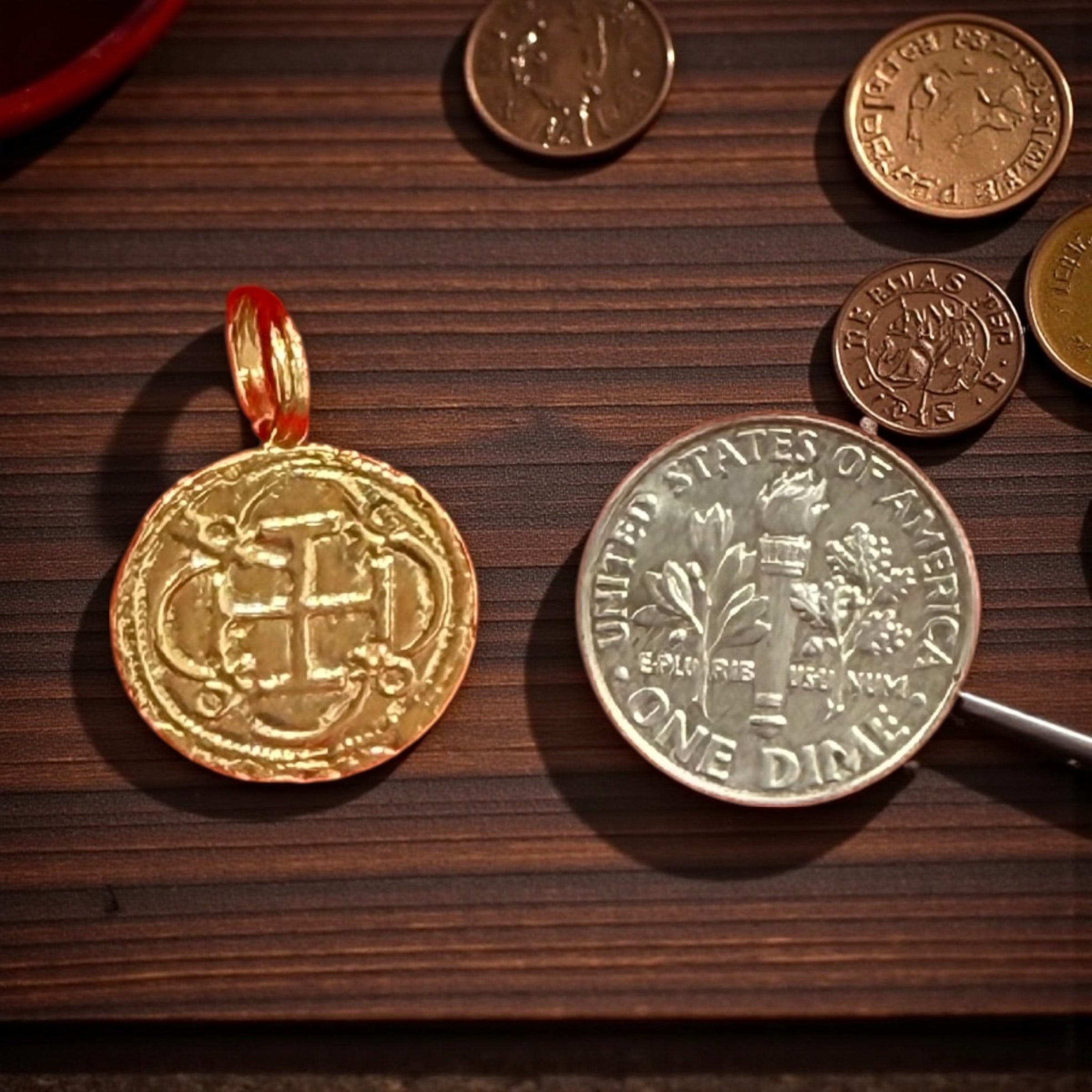 DIME SIZE ATOCHA SHIPWRECK GOLD COIN PENDANT HANDMADE WITH 14K REAL GOLD