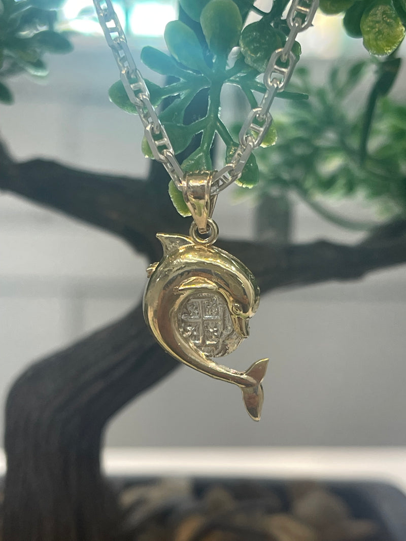 NUESTRA SENORA DE ATOCHA MINI SILVER COIN PENDANT IN 10K REAL GOLD FISH