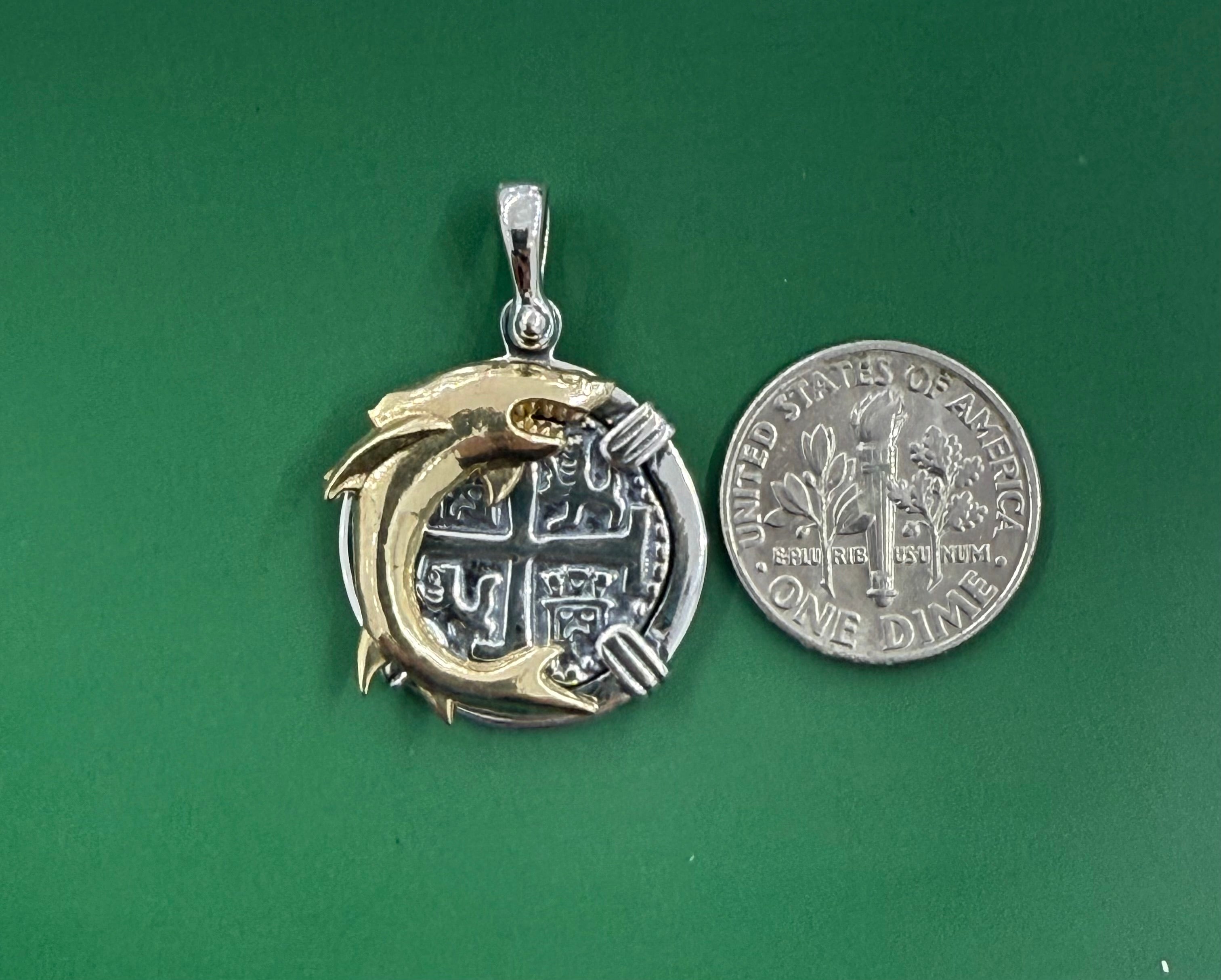 ATOCHA SOLID SILVER COIN PENDANT DIME SIZE IN 14k REAL GOLD SHARK