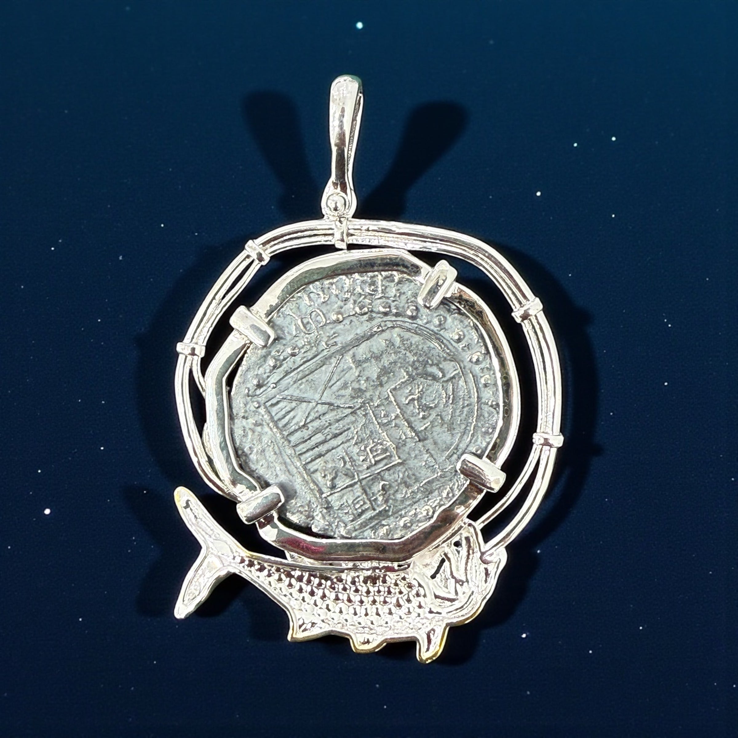 Atocha large size silver coin pendant in beautiful hook rope bezel and 14k gold vermeil fish setting on bottom in green crystal eye