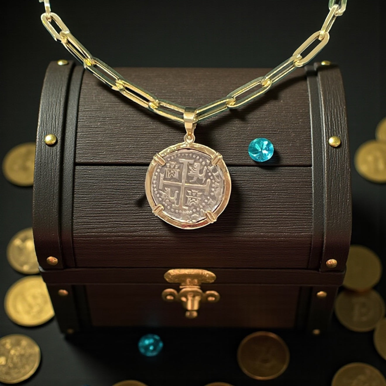 ATOCHA SILVER COIN PENDANT IN 14KT SOLID REAL GOLD BEZEL