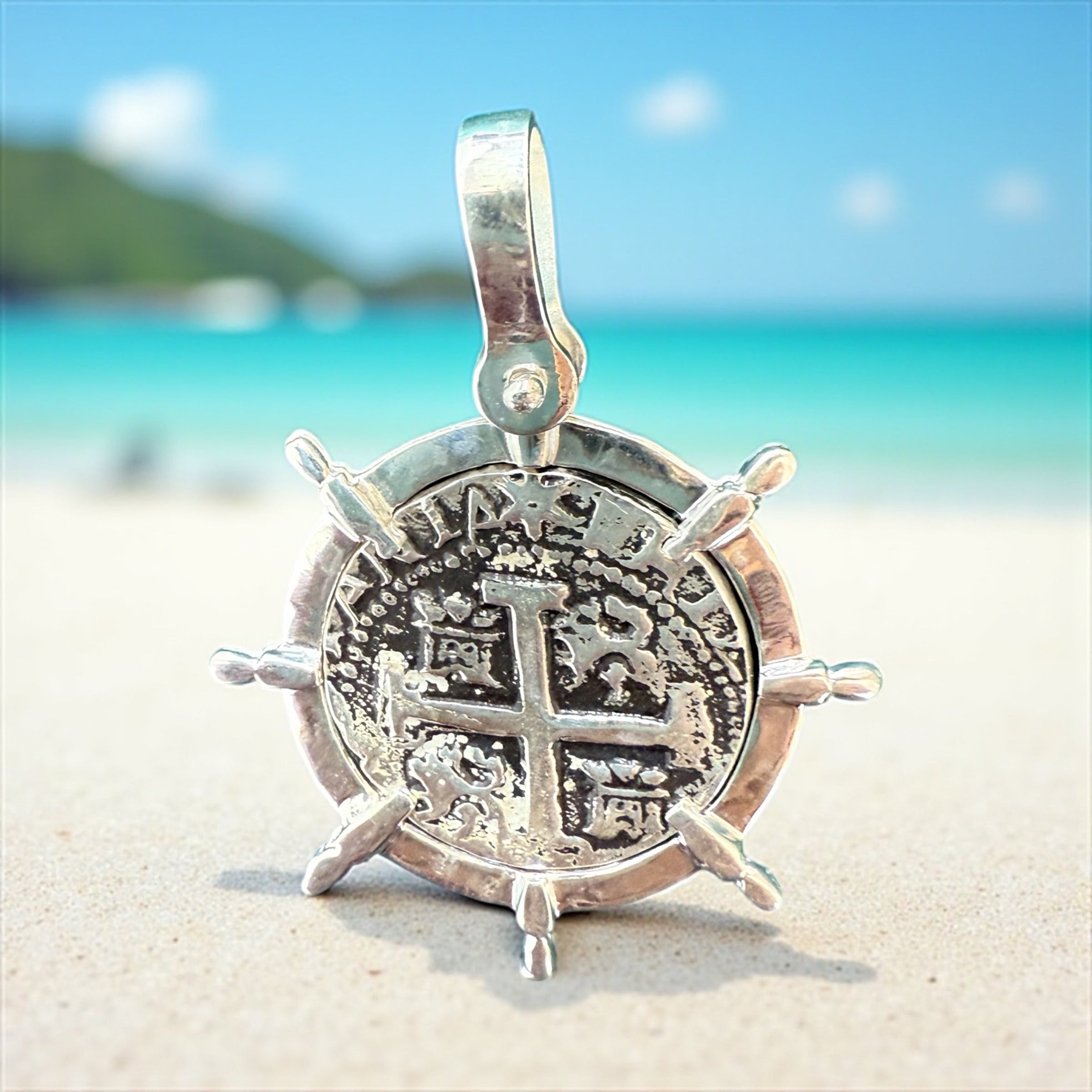 ATOCHA SOLID SILVER COIN PENDANT QUARTER SIZE IN SHIP’s WHEEL SETTING