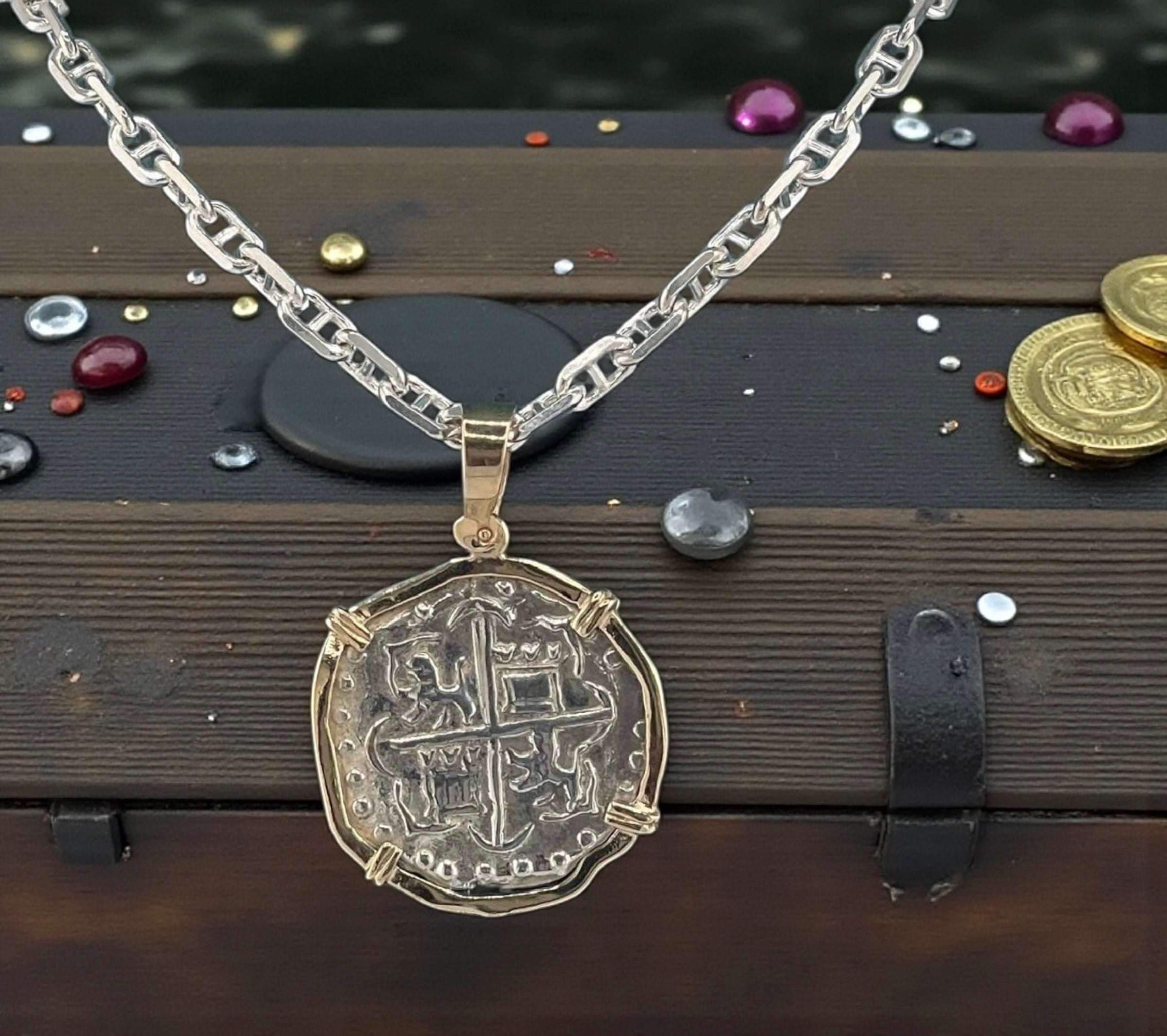 NUESTRA SENORA DE ATOCHA SOLID SILVER COIN PENDANT IN 14KT SOLID GOLD BEZEL