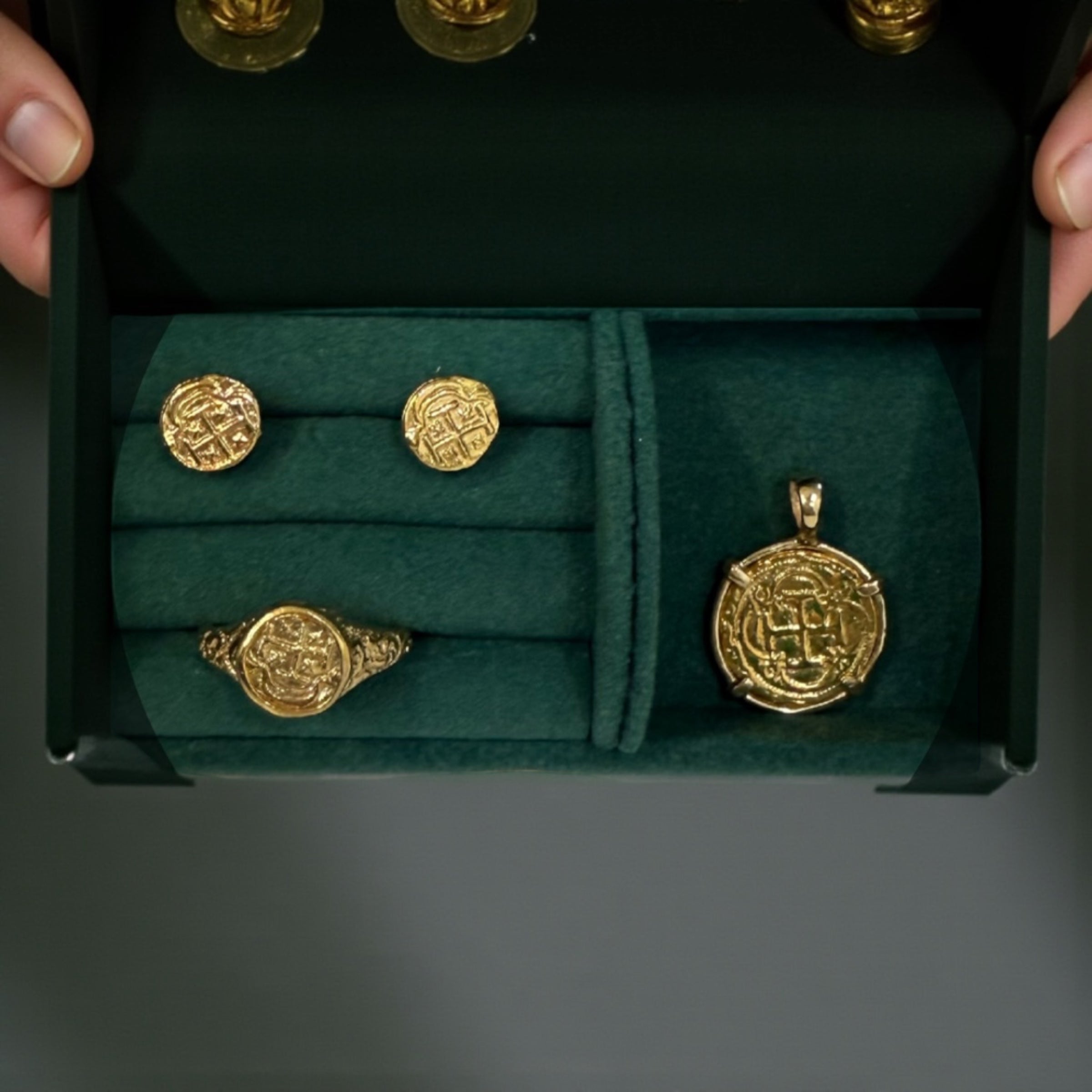 14k real solid gold shipwreck jewelry set studs, ring and pendant