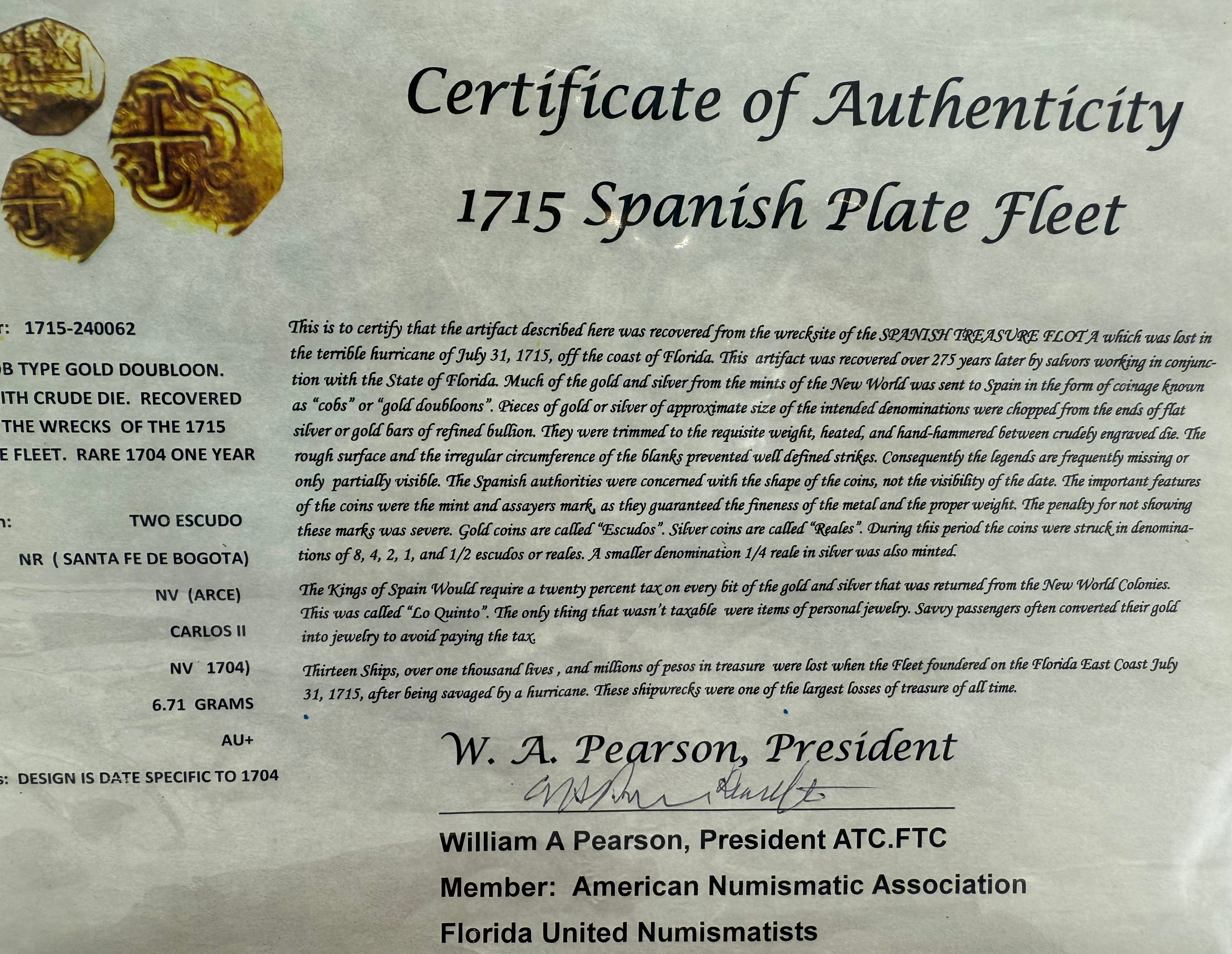 1715 SPANISH PLATE FLEET ACTUAL GOLD COIN 2 ESCUDO Artifact Number: 1715-240062 GRADE: AU+ MINT: NR (SANTA FE DE BOGOTA)