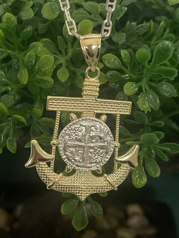 NUESTRA SENORA DE ATOCHA MINI SILVER COIN PENDANT IN 10K REAL GOLD ANCHOR