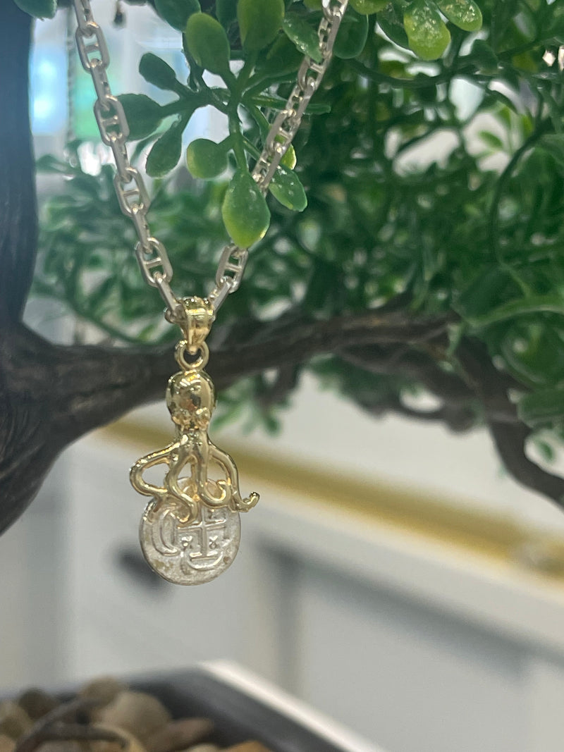 NUESTRA SENORA DE ATOCHA MINI SILVER COIN PENDANT IN 10K REAL GOLD OCTOPUS