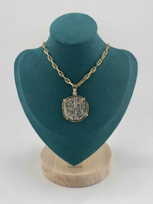 NUESTRA SENORA DE ATOCHA SOLID SILVER COIN PENDANT IN 14KT SOLID GOLD BEZEL