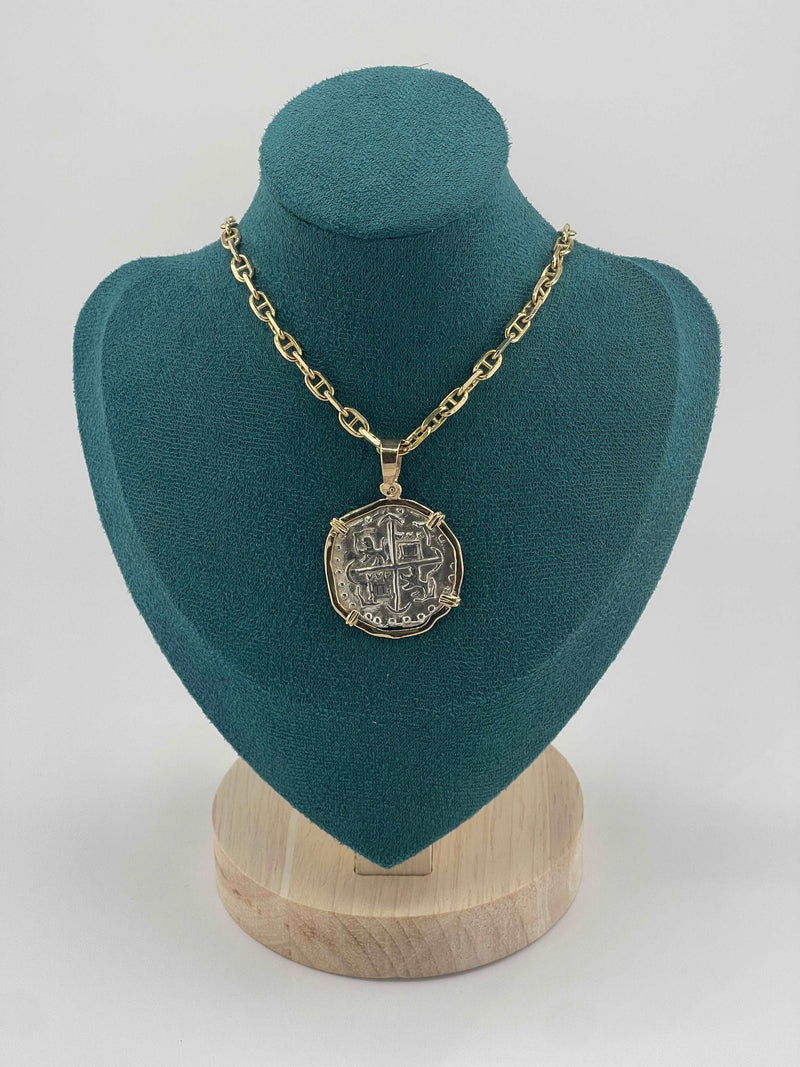 NUESTRA SENORA DE ATOCHA SOLID SILVER COIN PENDANT IN 14KT SOLID GOLD BEZEL