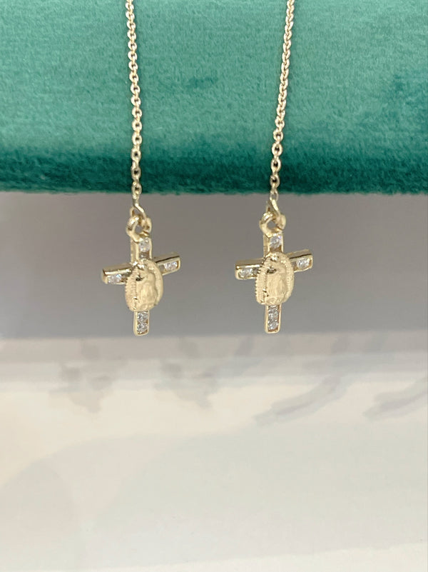 14K REAL GOLD CROSS MOTHER MARY THREAD EARRINGS.