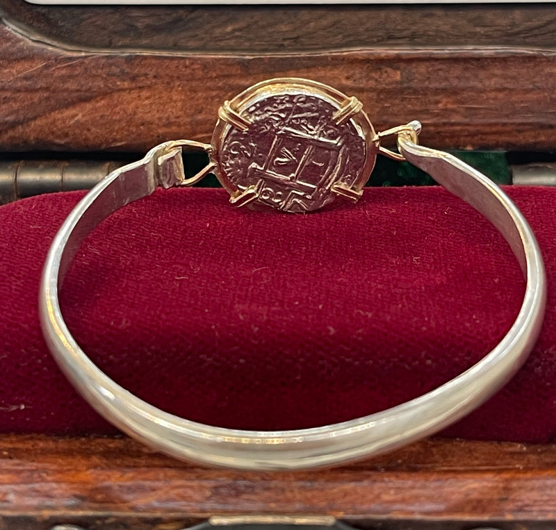 ATOCHA SOLID SILVER COIN BANGLE BEZELED WITH 14k SOLID GOLD BEZEL