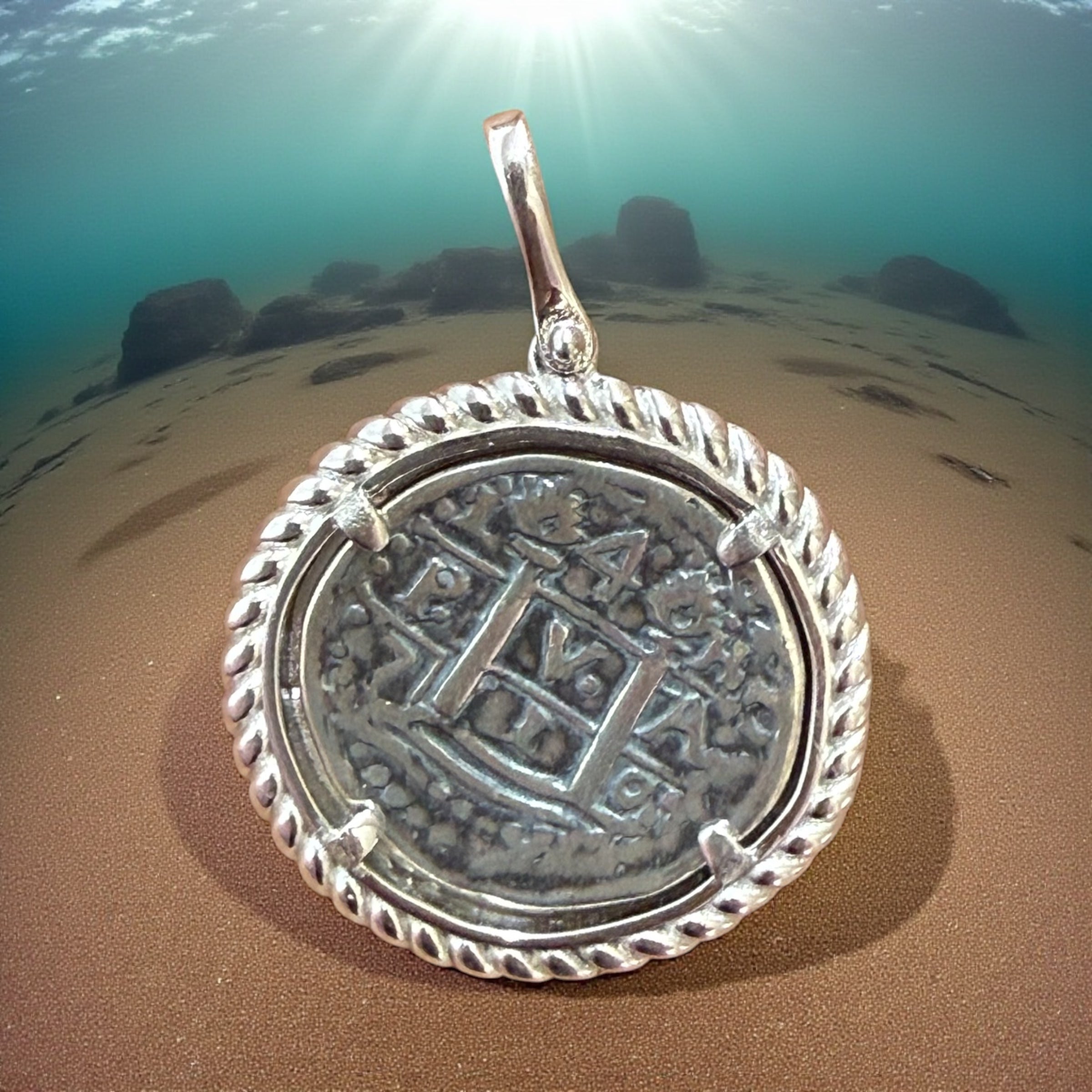 Gorgeous Atocha Shipwreck coin pendant in rope bezel setting quarter size 29mm