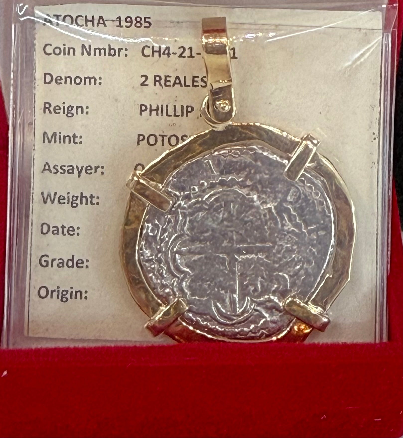 ACTUAL COIN NUESTRA SENORA DE ATOCHA SILVER COIN 2 REALE GRADE 1 Q ASSAYER IN 14K SOLID GOLD BEZEL SHIPWRECK COIN PENDANT