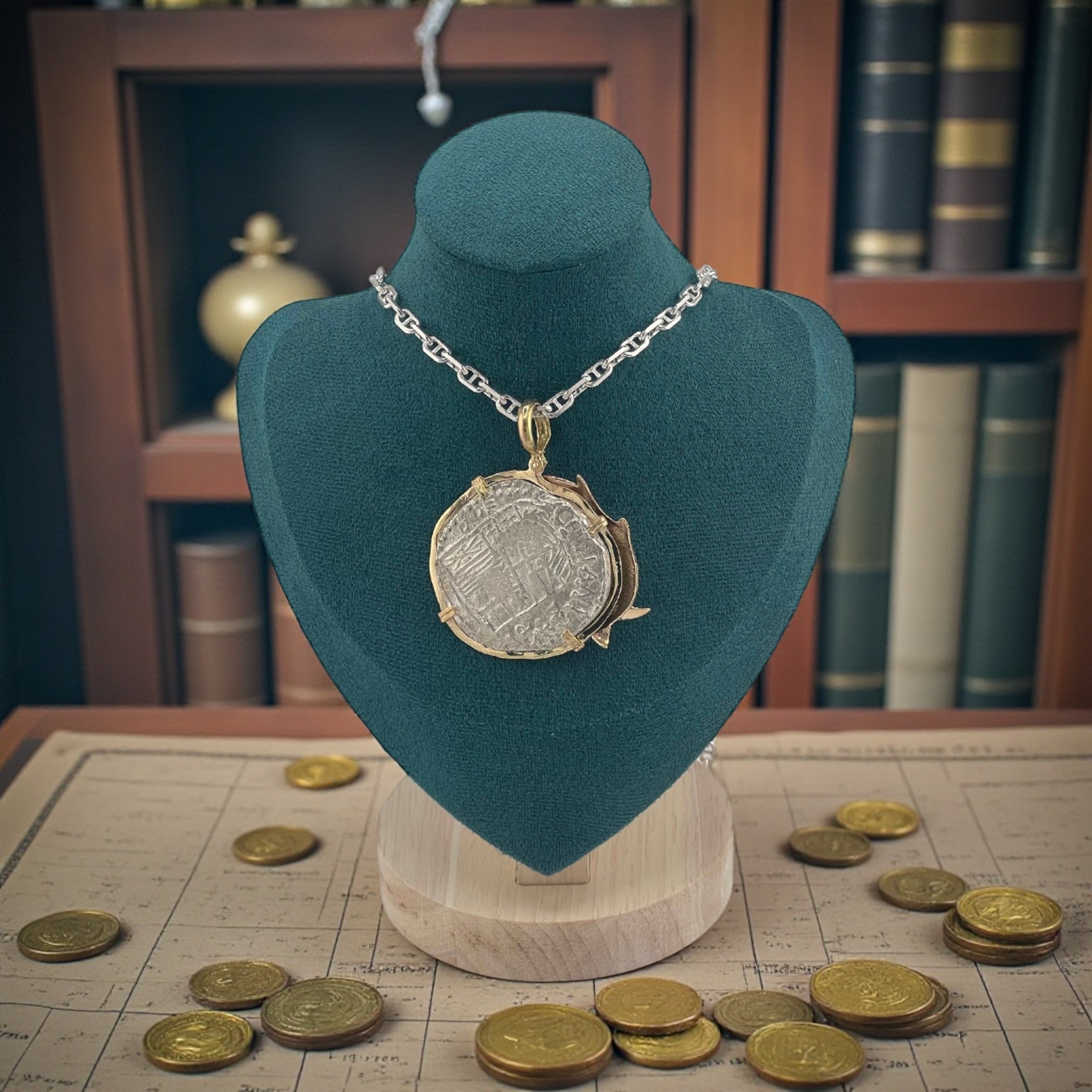 NUESTRA SENORA DE ATOCHA SOLID LARGE SILVER COIN PENDANT IN 14KT SOLID FISH GOLD BEZEL