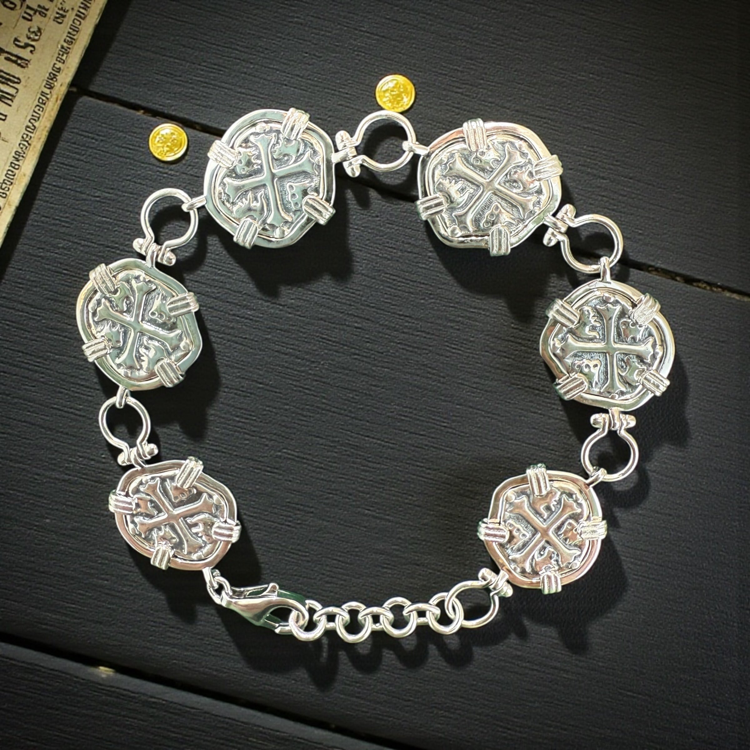 BEAUTIFUL ATOCHA SILVER COIN BRACELET IN SHACKLE LINK ADJUSTABLE 6” to 7” BOTH