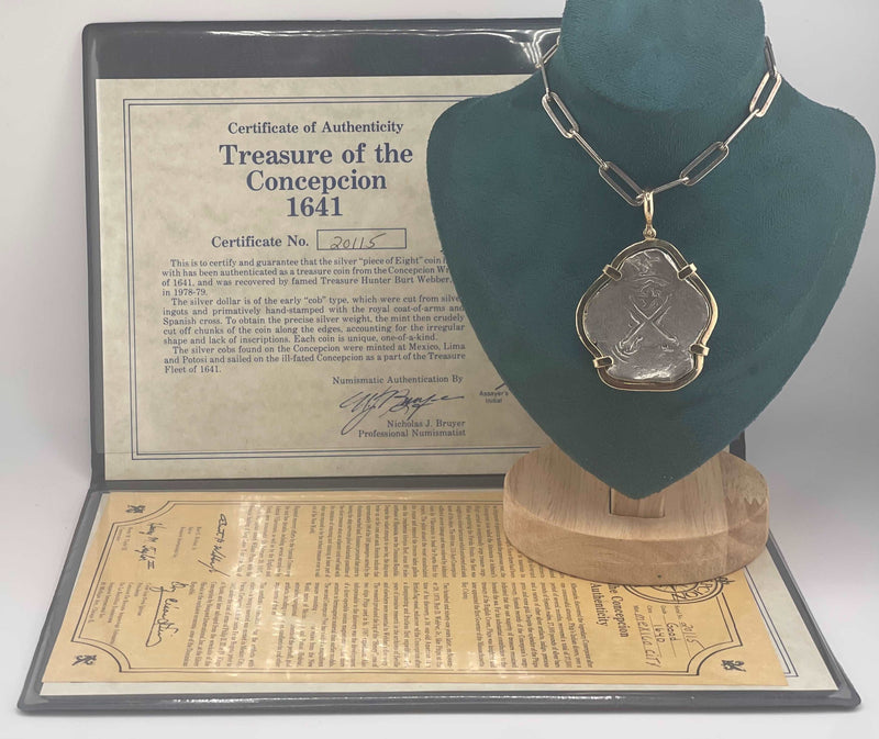 TREASURE OF THE CONCEPCION 1641 COIN “PIECE OF EIGHT”BEZELED IN 14K SOLID GOLD WITH CERTIFICATE OF AUTHENTICITY