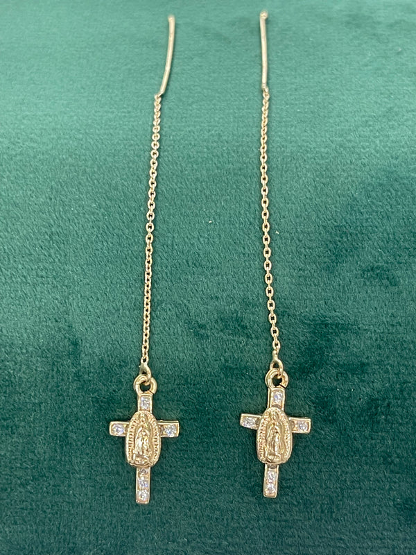 14K REAL GOLD CROSS MOTHER MARY THREAD EARRINGS.