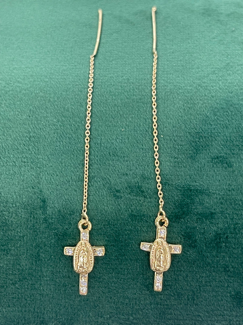 14K REAL GOLD CROSS MOTHER MARY THREAD EARRINGS.